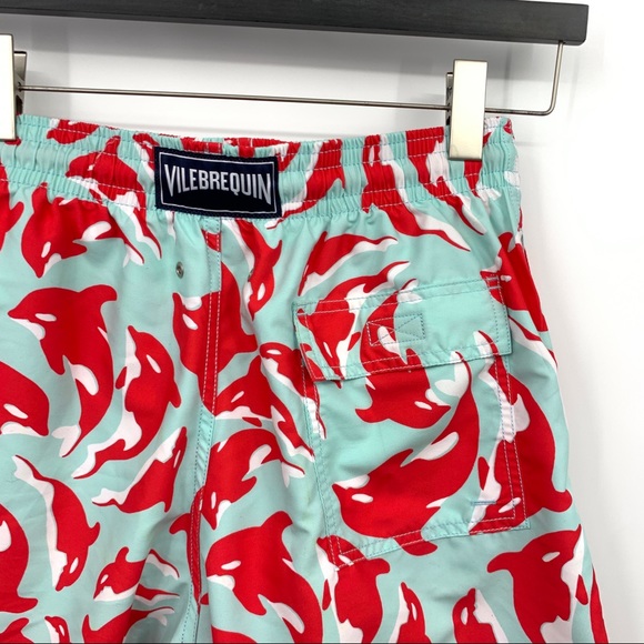 Vilebrequin Men Medium Shorts Swim Trunks Bathing Suit Blue Red Dolphin Printed - Picture 8 of 13